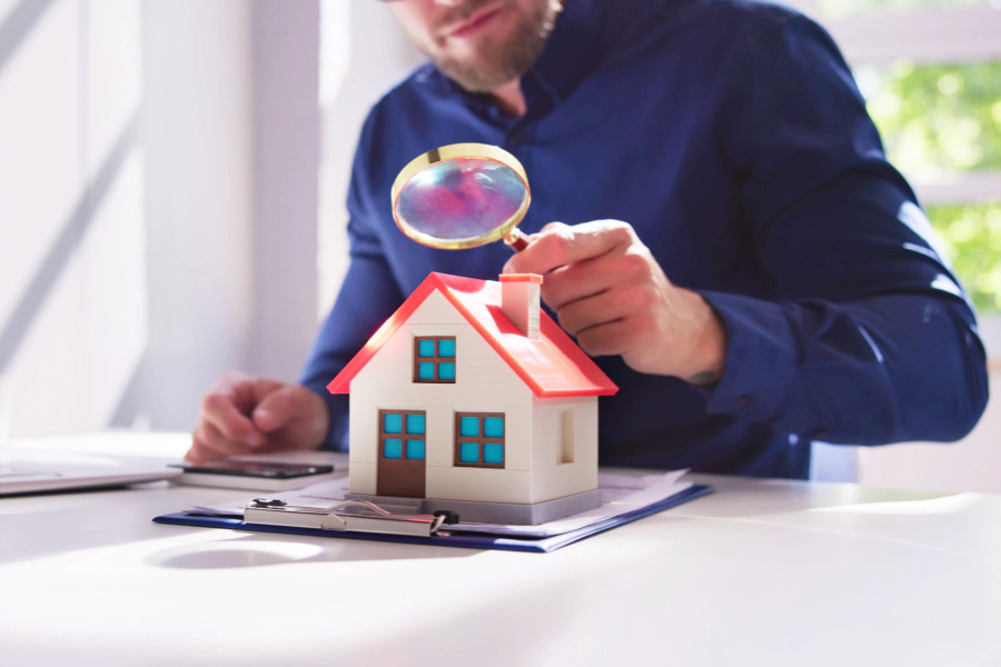 man holding magnifying glass looking at a house scale model